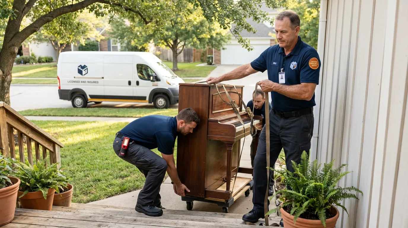 Licensed piano movers securing grand piano in Virginia City, MT