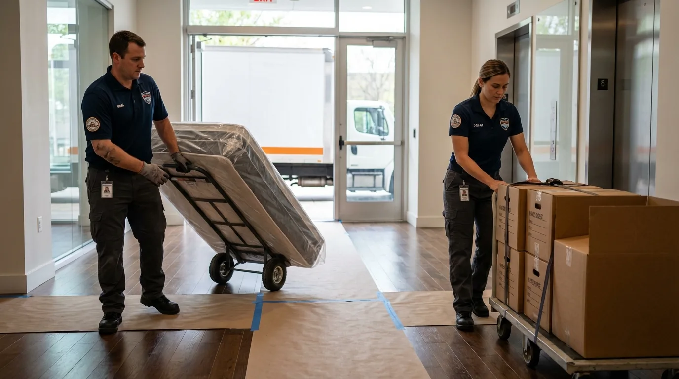 Professional apartment movers loading elevator in Virginia City, MT