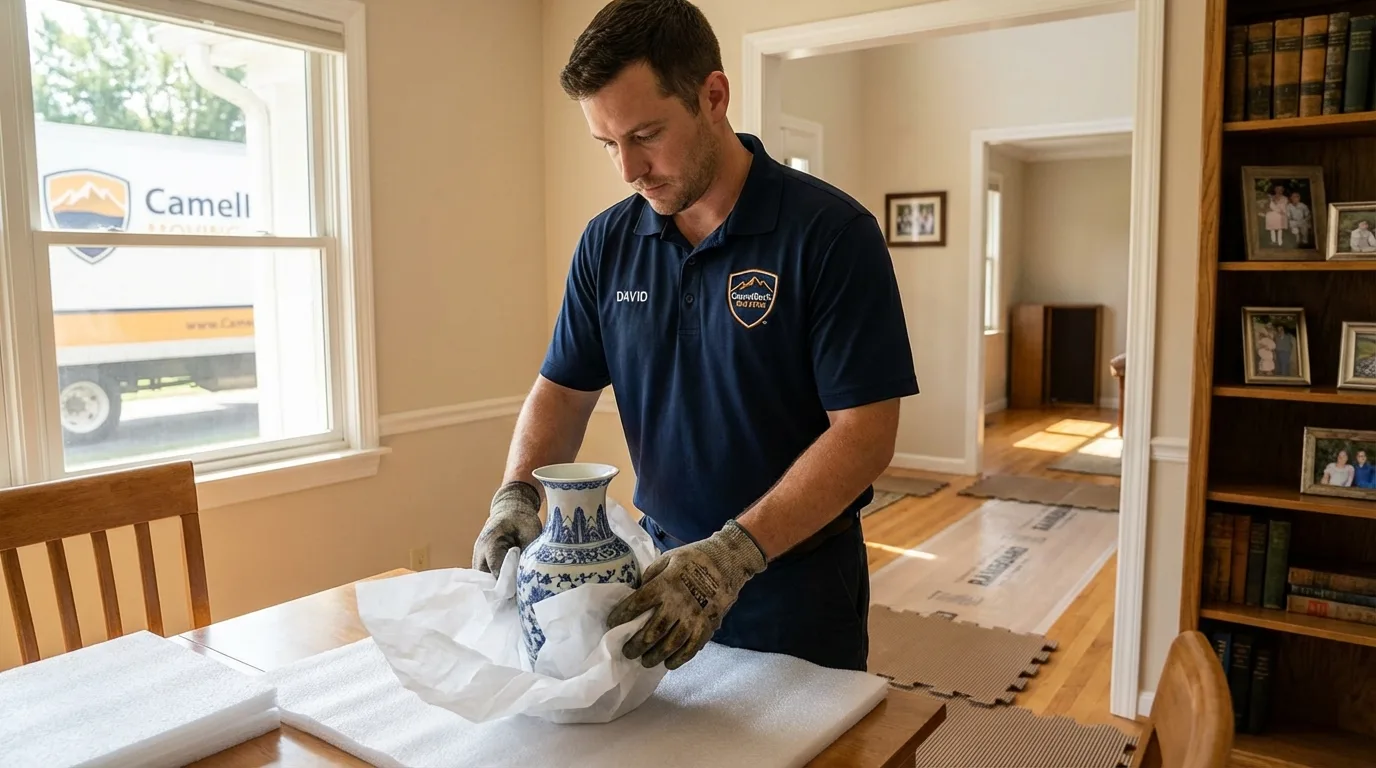 Professional crew carefully wrapping antique vase for senior downsizing move in Virginia City, MT
